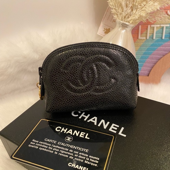 🎀 CHANEL CC Logo Coin Case Purse Mini Pouch Caviar Skin Leather Black - Picture 1 of 9